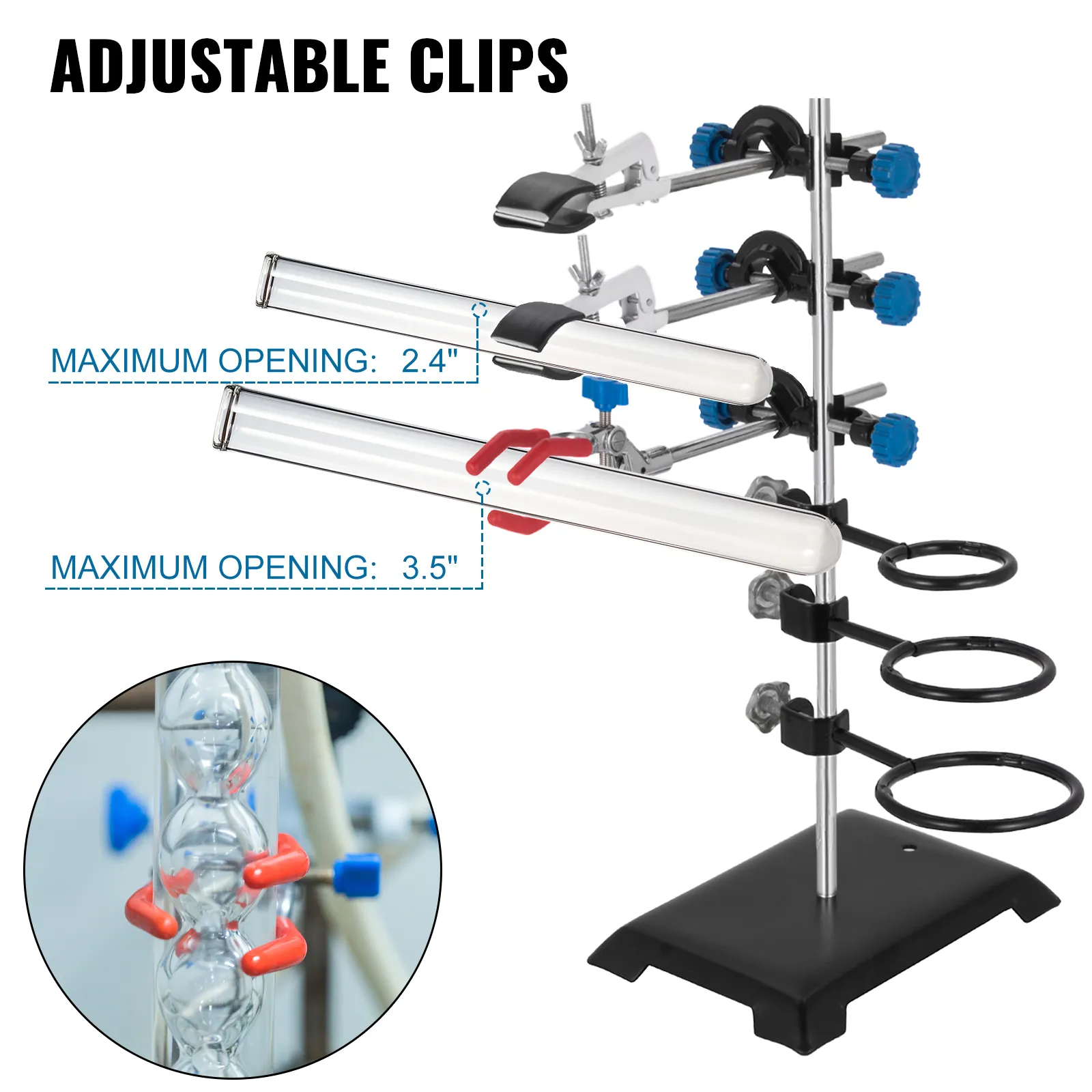 VEVOR laboratory stand set with adjustable clips and a solid black base.