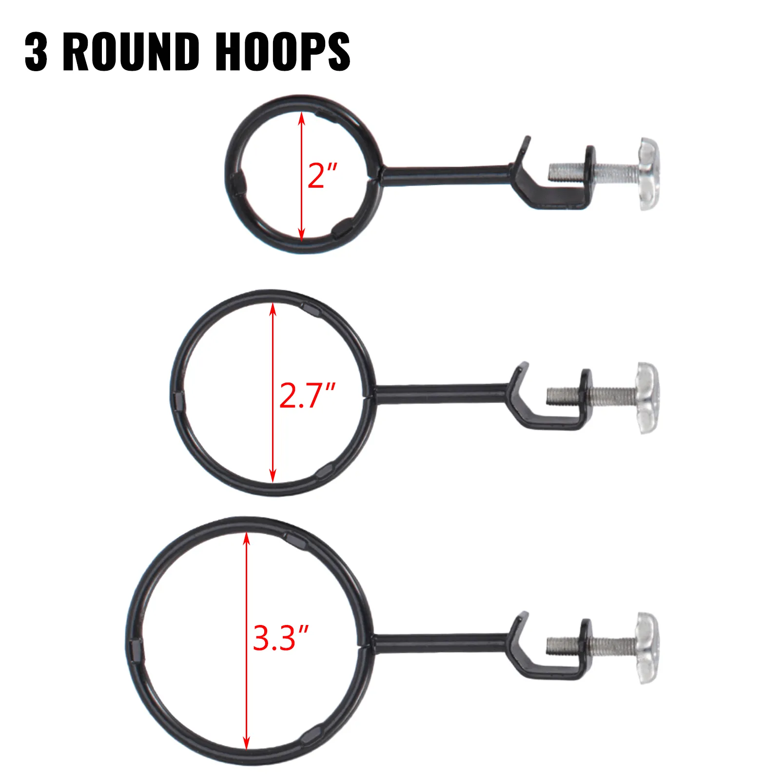 3 round hoops with diameters 2", 2.7", and 3.3" for VEVOR laboratory stand set.