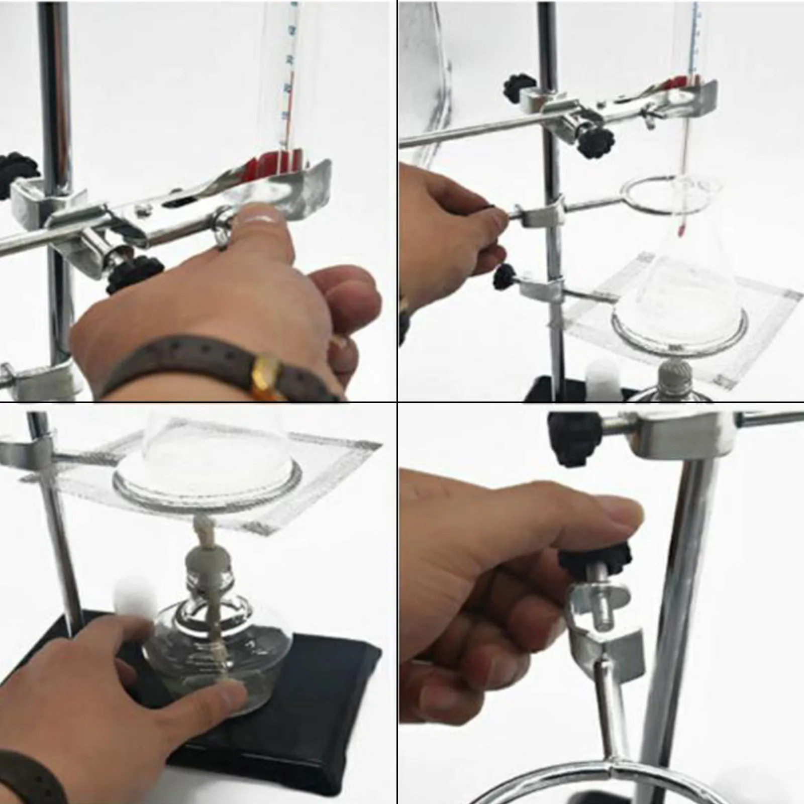 VEVOR laboratory stand set in use with various equipment being adjusted by hands.