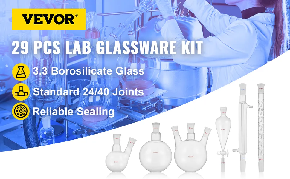 Kit de cristalería de laboratorio VEVOR, 29 piezas, vidrio de borosilicato, sellado confiable, juntas 24/40