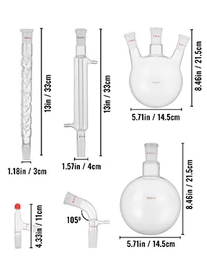 Kit de cristalería de laboratorio VEVOR con matraces y tubos de distintas dimensiones etiquetados.