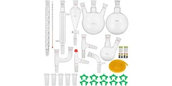 Kit de cristalería de laboratorio VEVOR con matraces, condensadores y accesorios variados.
