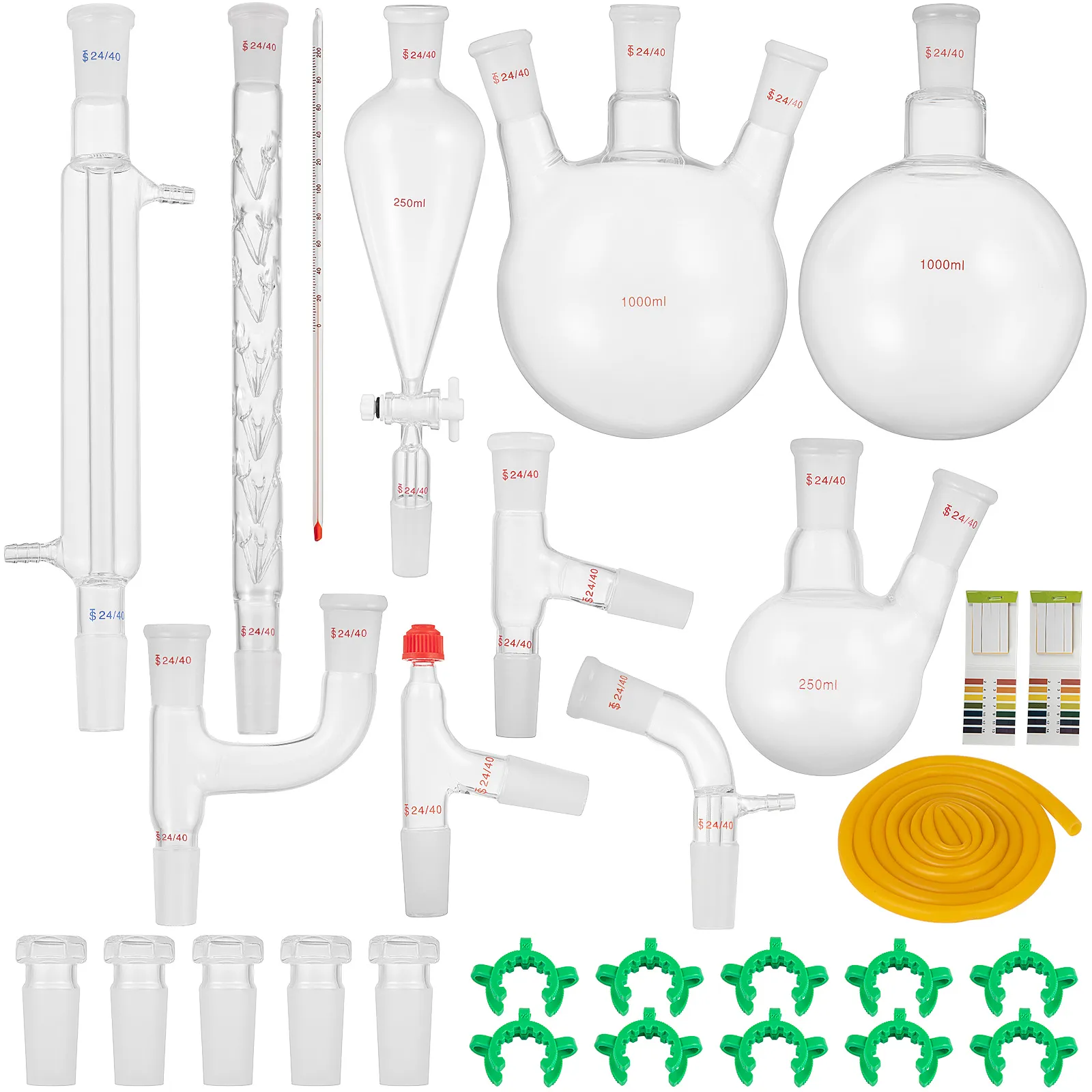 Kit de cristalería de laboratorio VEVOR con varios matraces, tubos y accesorios.