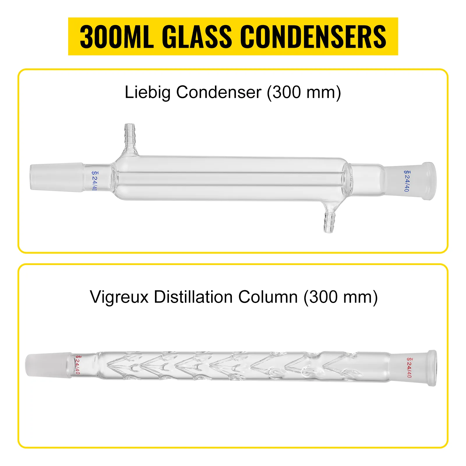 Condensadores de vidrio de 300 ml: condensador liebig y columna de destilación vigreux (300 mm) Kit de cristalería de laboratorio VEVOR