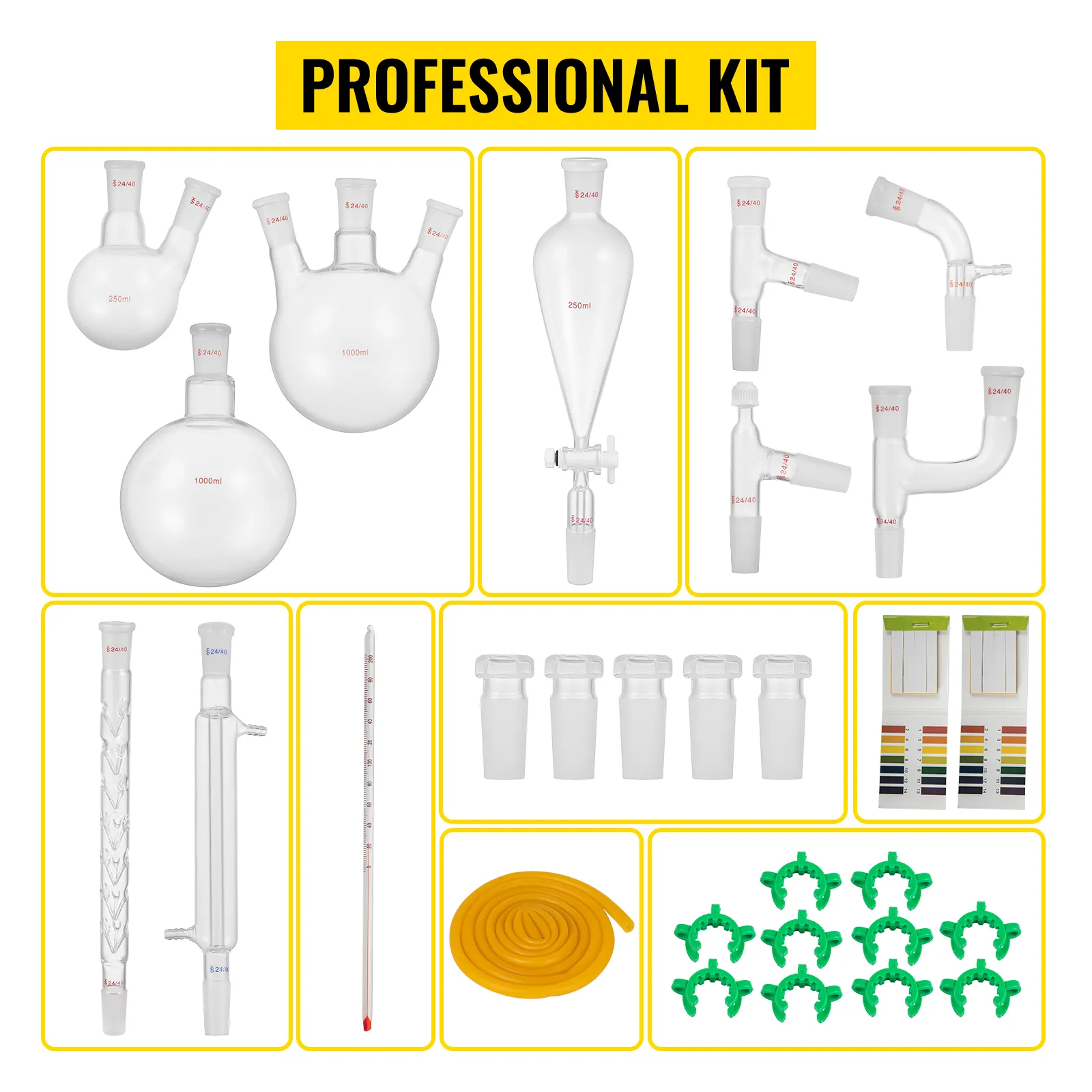 Kit de cristalería de laboratorio VEVOR que incluye varios recipientes de vidrio y accesorios.