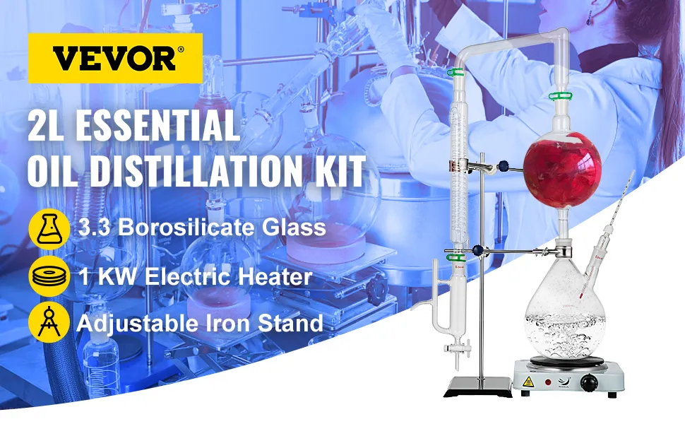 Kit de destilación de aceites esenciales VEVOR con capacidad de 2 l, vidrio de borosilicato y calentador eléctrico