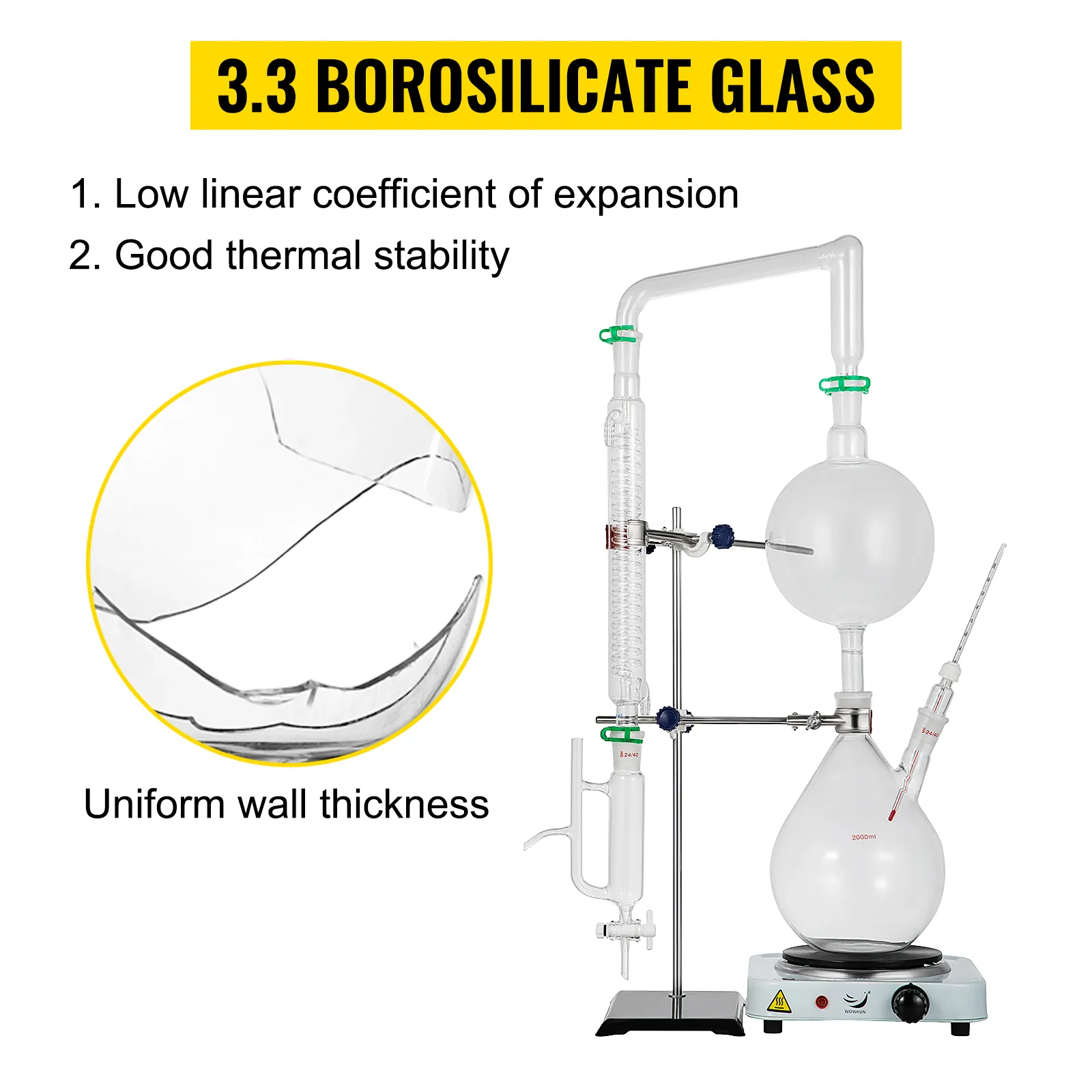 Kit de destilación de aceites esenciales VEVOR con vidrio de borosilicato 3.3 y espesor de pared uniforme
