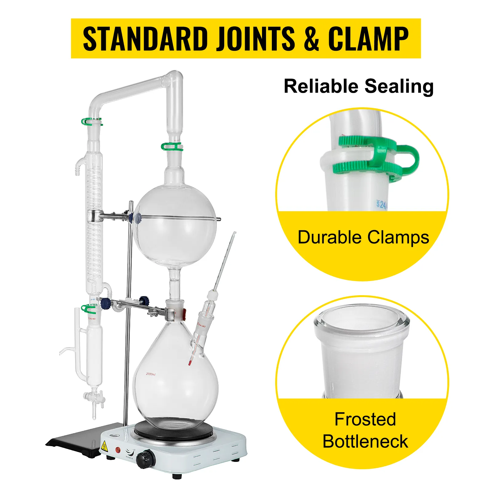 Kit de destilación de aceites esenciales VEVOR con abrazaderas duraderas y cuello de botella esmerilado.