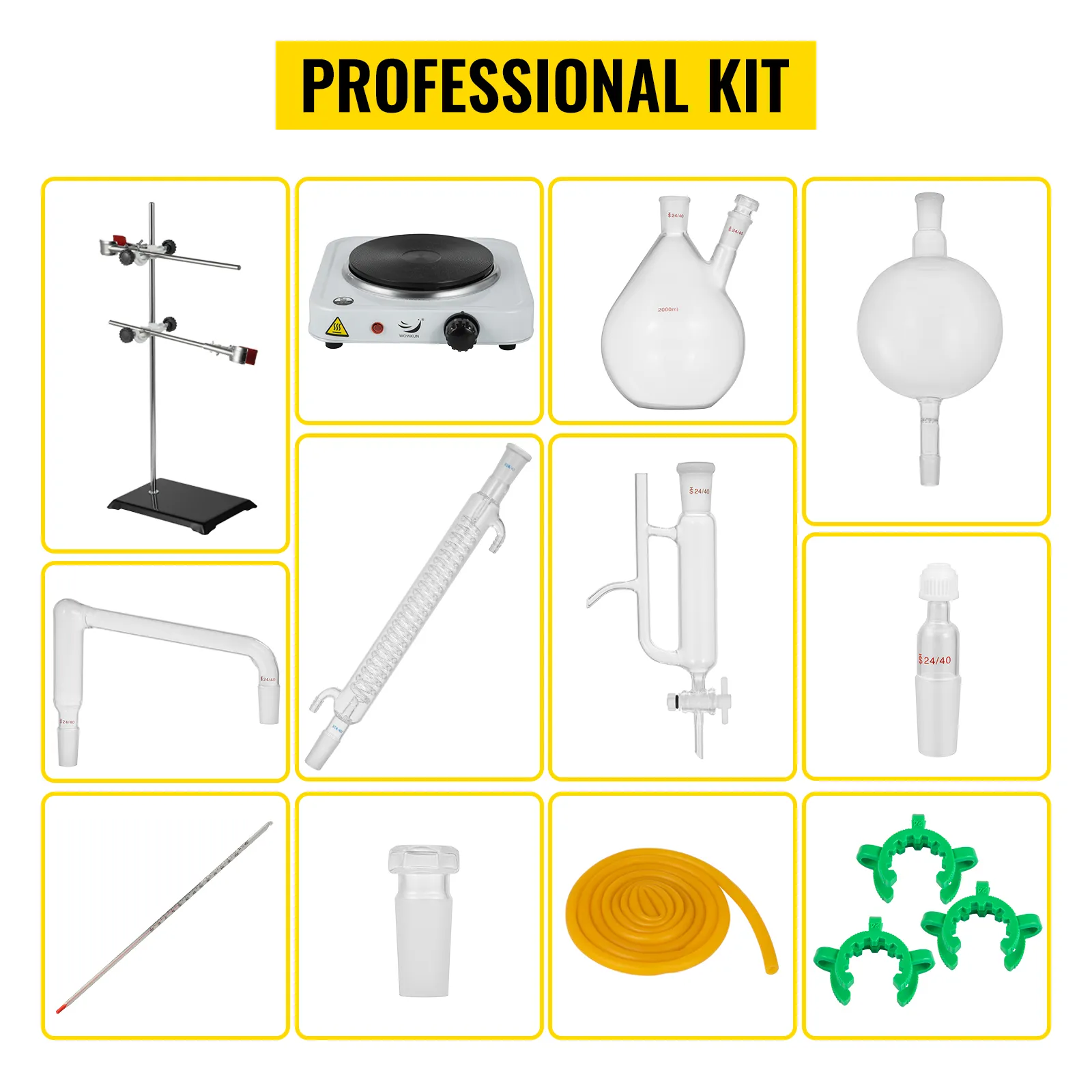 Kit de destilación de aceites esenciales VEVOR profesional con varios equipos de laboratorio.