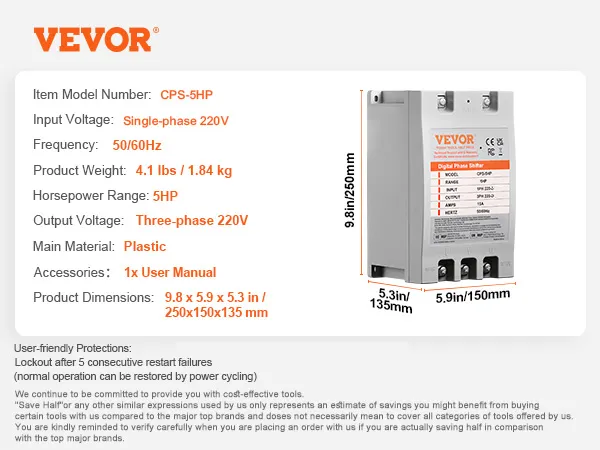 VEVOR 3 phase converter, cps-5hp, single-phase to three-phase, 4-5hp, 220v, 50/60hz, user manual included.