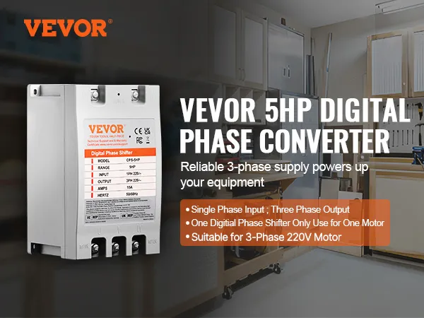 VEVOR 3 phase converter in a workroom with tools, featuring 5hp digital phase shifter details.