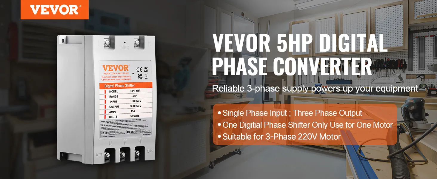 VEVOR 3 phase converter in a workroom with tools, featuring 5hp digital phase shifter details.