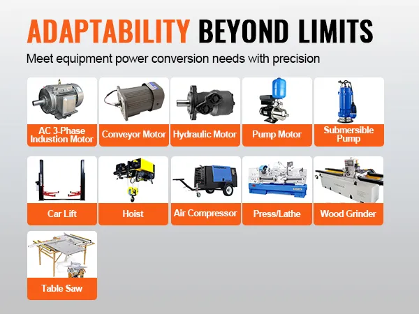 adaptability beyond limits with VEVOR 3 phase converter for ac motors, compressors, pumps, and table saws.