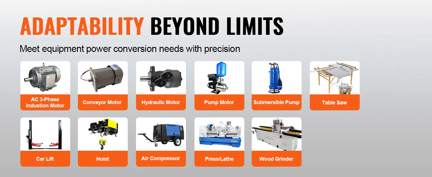 adaptability beyond limits with VEVOR 3 phase converter for ac motors, compressors, pumps, and table saws.