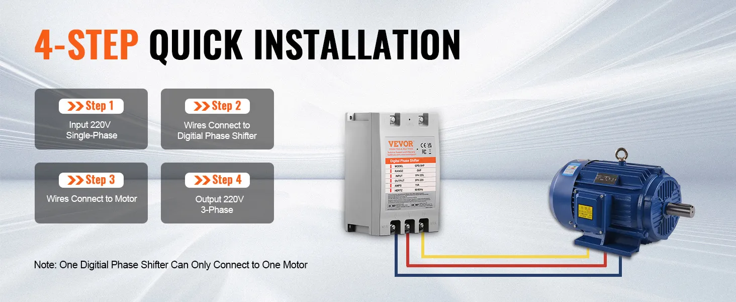 4-step quick installation of VEVOR 3 phase converter with motor and digital phase shifter.