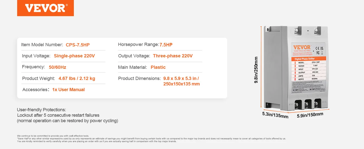 VEVOR 3 phase converter cps-7.5hp, single-phase 220v, 5-7.5hp, 50/60hz, plastic, 9.8x5.9x5.3 inches