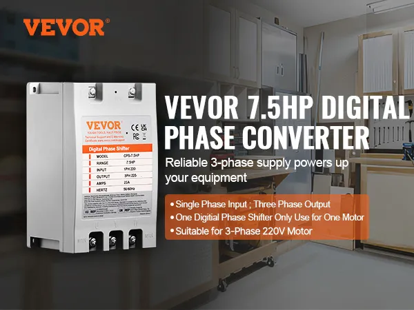 VEVOR 7.5hp digital phase converter for reliable 3-phase power in workshops. single-phase input.