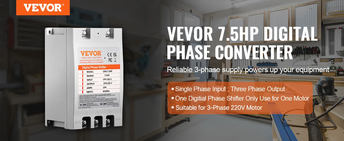 VEVOR 7.5hp digital phase converter for reliable 3-phase power in workshops. single-phase input.