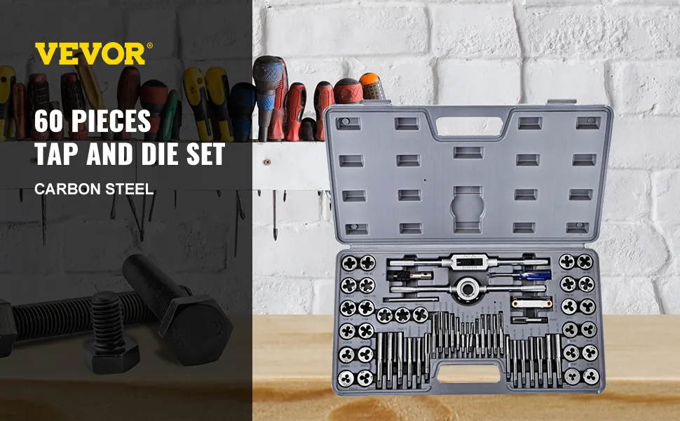 VEVOR tap and die set, open case with 60 pieces, carbon steel tools.