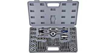 VEVOR tap and die set in gray case with multiple taps, dies, and handles neatly arranged.