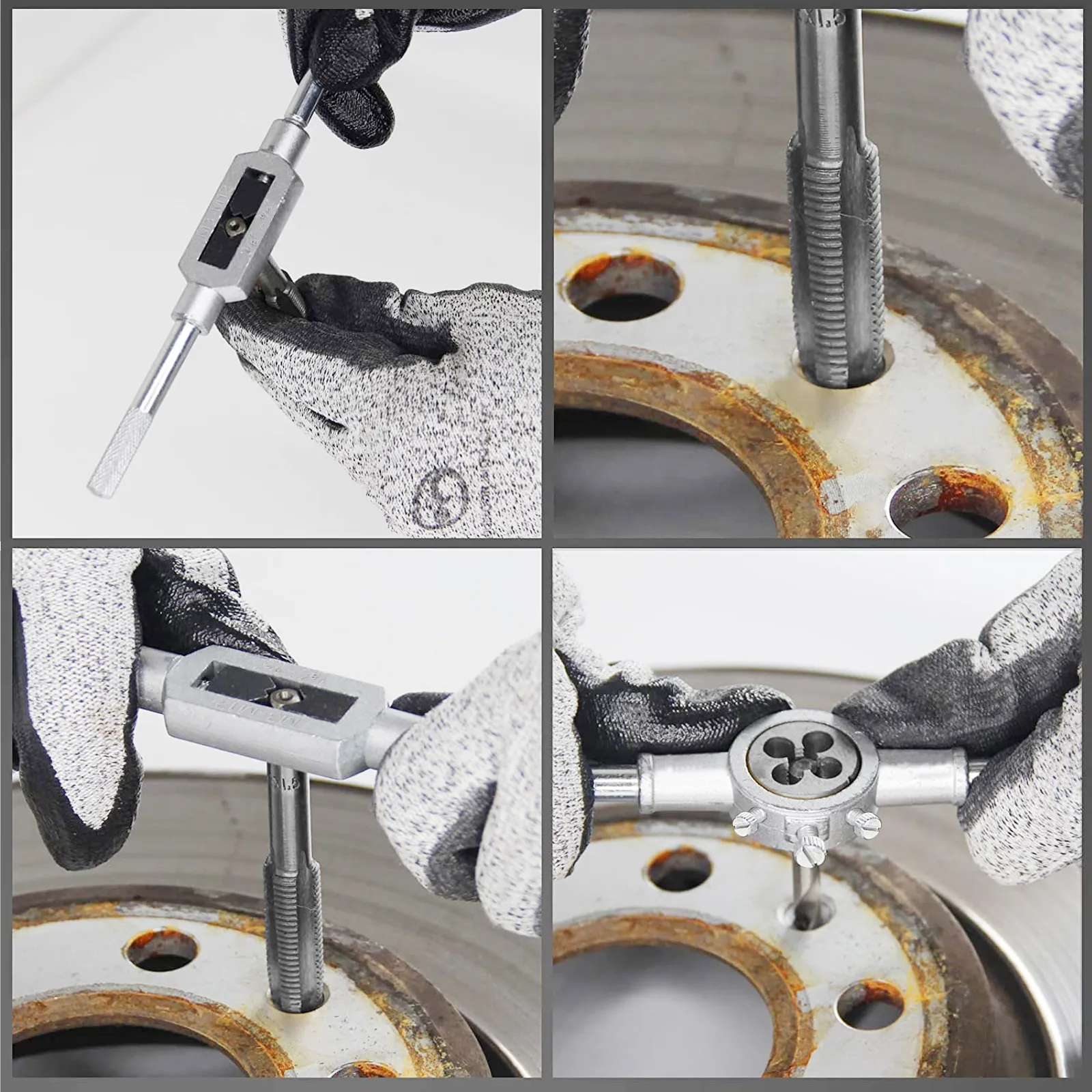 worker using VEVOR tap and die set on rusted metal component