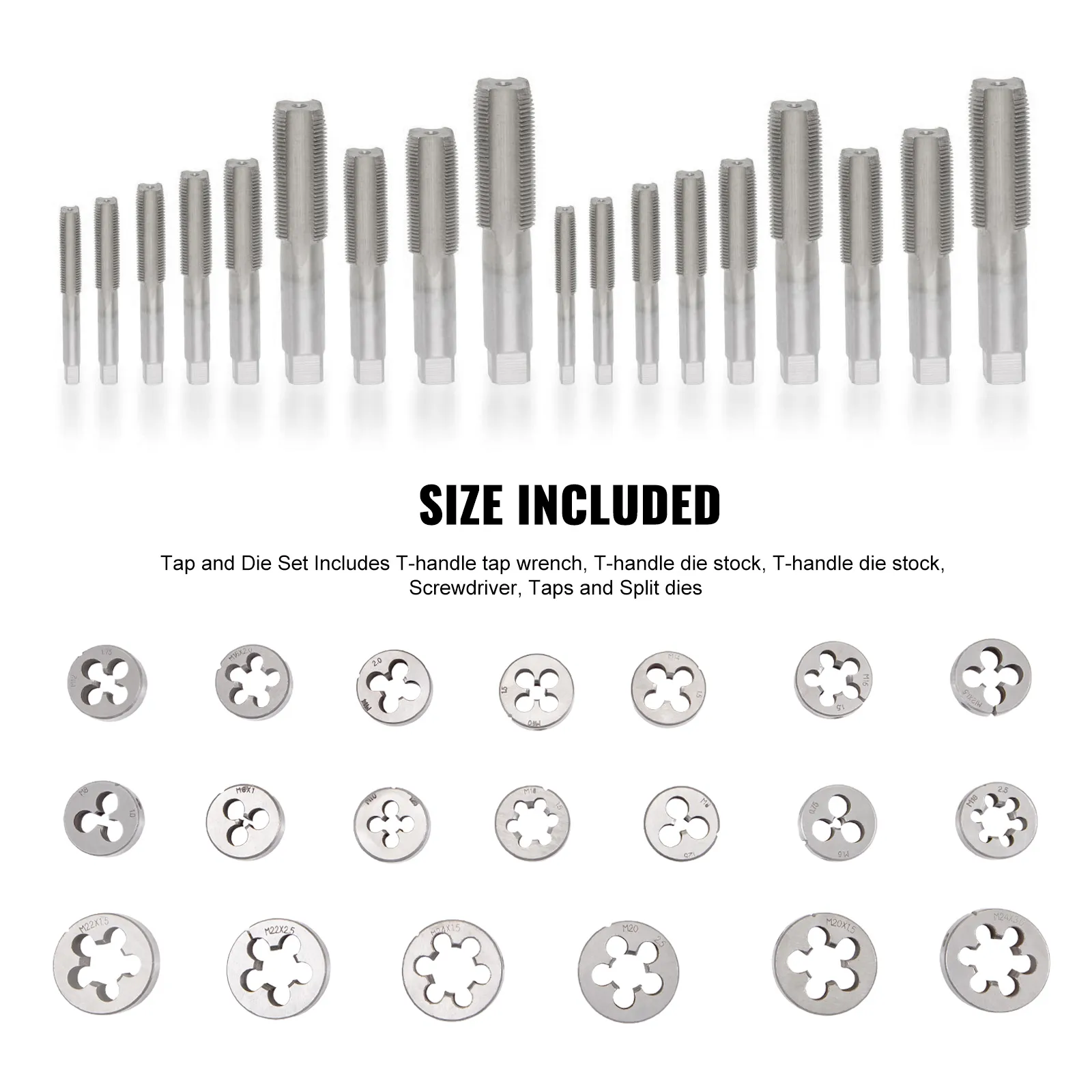 VEVOR tap and die set with assorted taps and split dies arranged in rows.