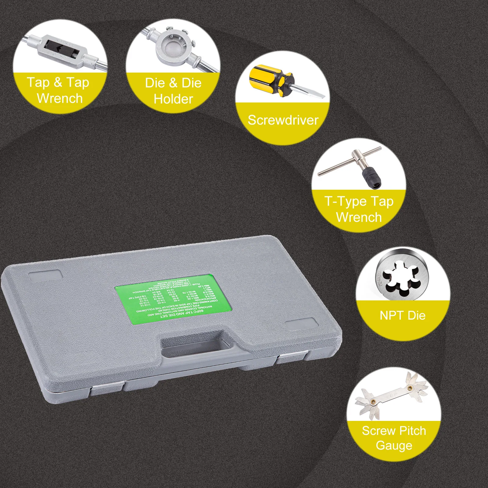 VEVOR tap and die set with tools including screwdriver and npt die in a grey case.