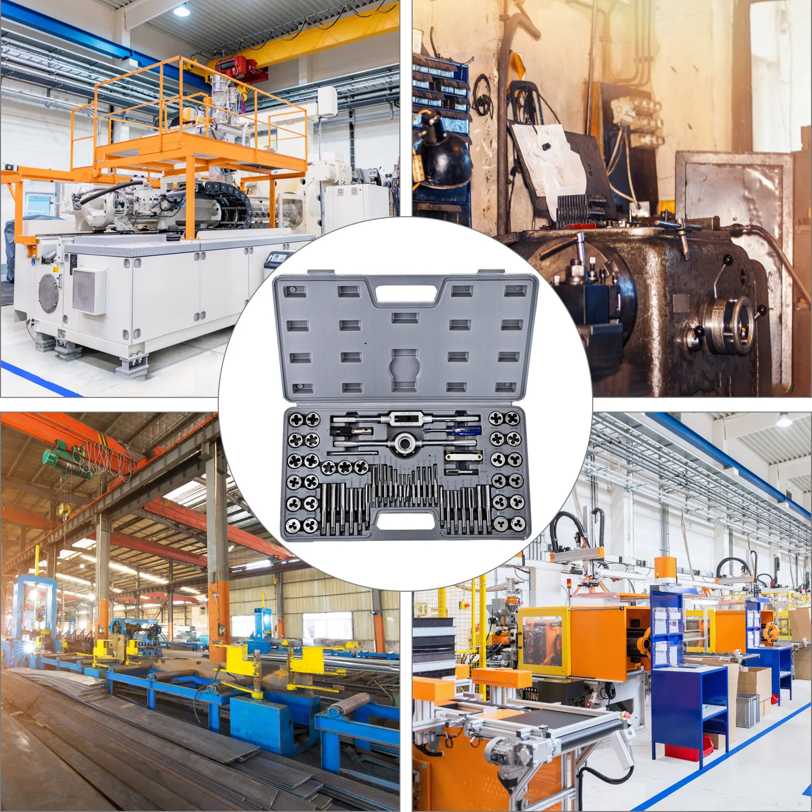 VEVOR tap and die set in an industrial workshop with various machinery and tools.