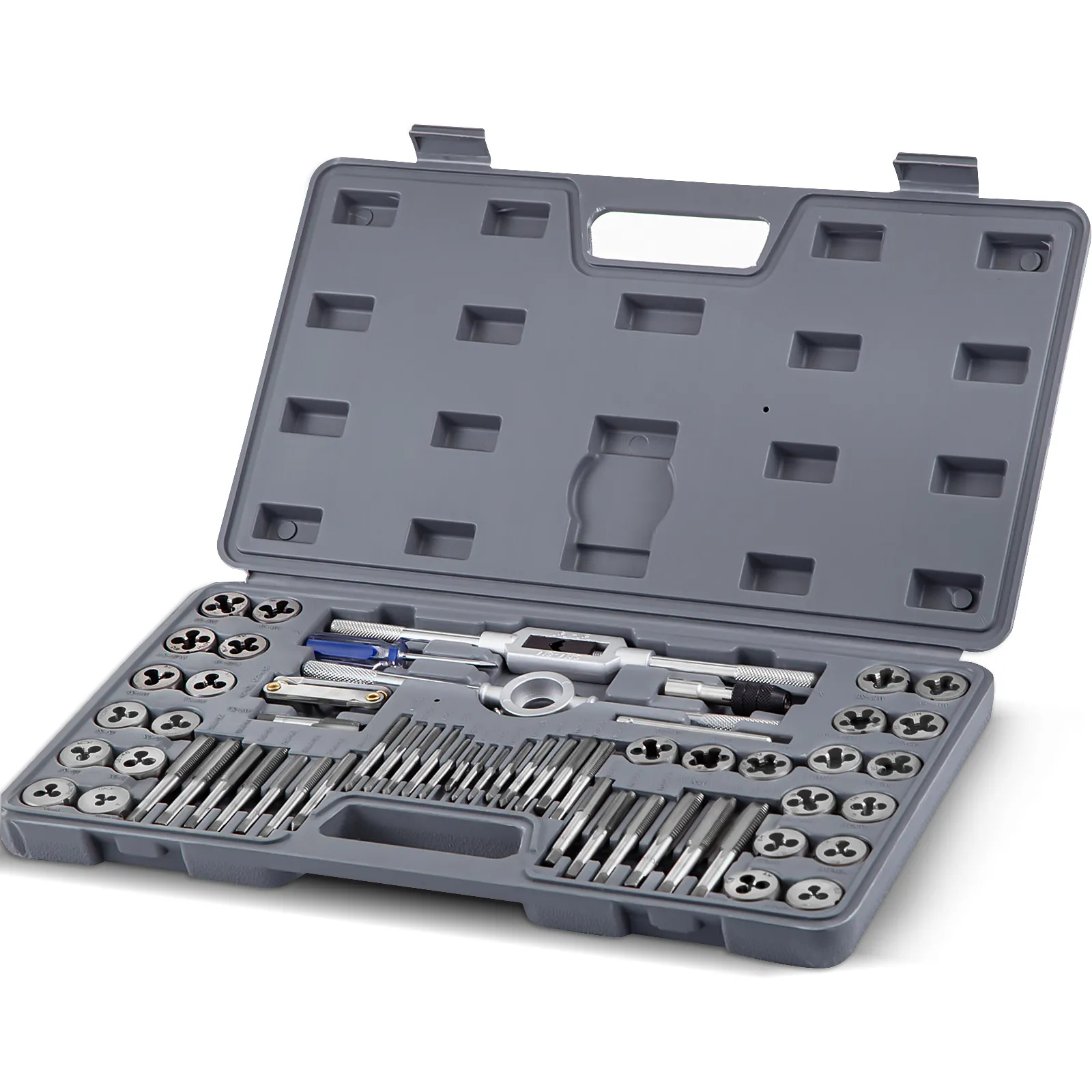 VEVOR tap and die set in grey case with multiple dies and taps.