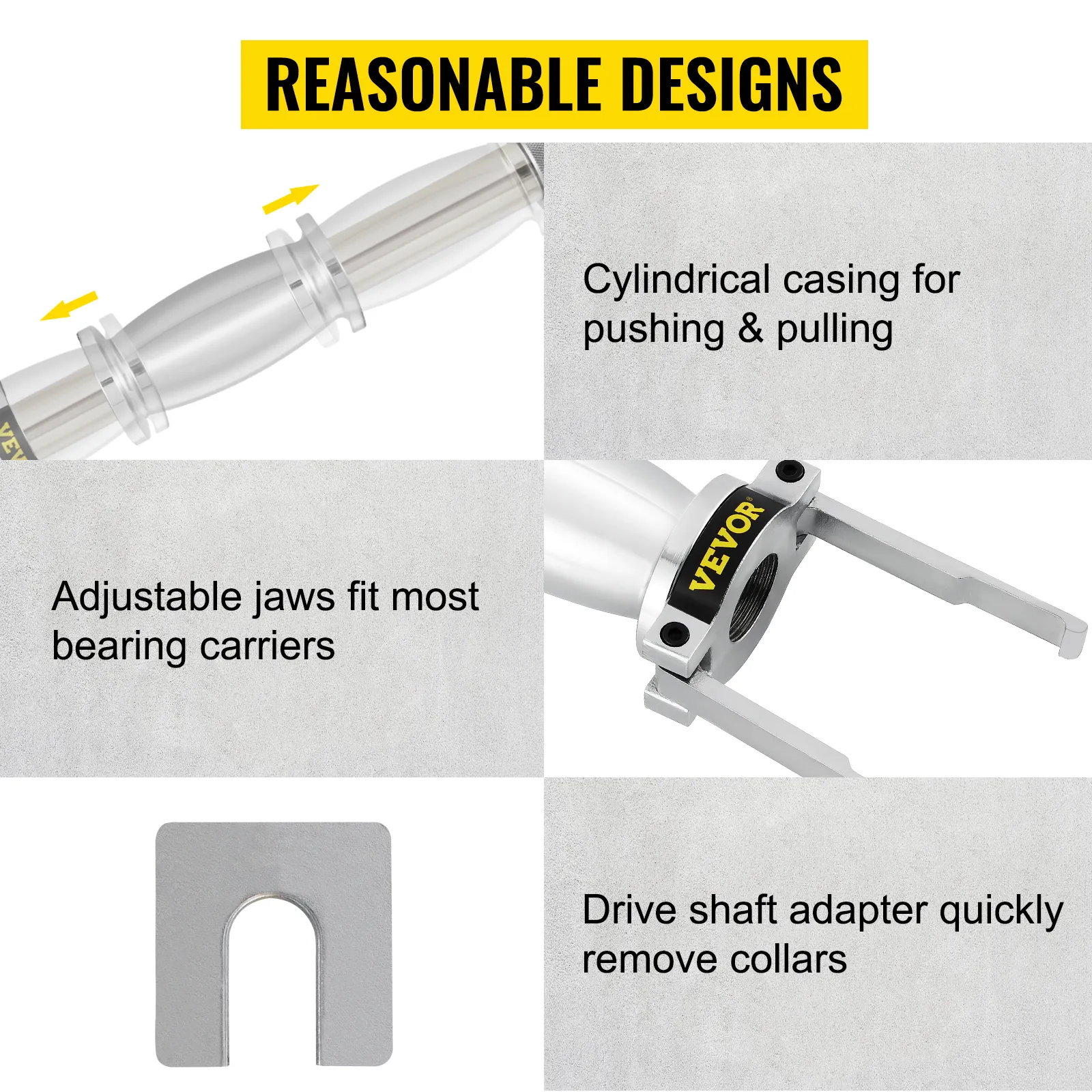 VEVOR upper bearing carrier puller features adjustable jaws and drive shaft adapter.
