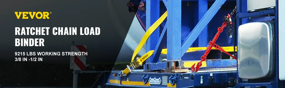 VEVOR ratchet chain load binder securing cargo on a trailer, 9215 lbs strength, 3/8-1/2 in.