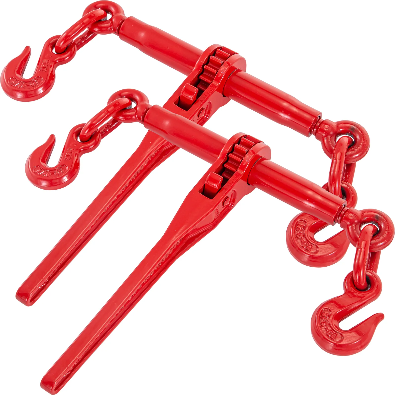 Correa de amarre con trinquete VEVOR roja con ganchos y cadenas para asegurar la carga.