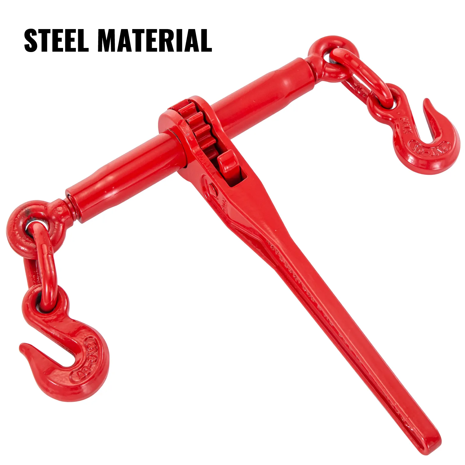 Atador de cadena con trinquete VEVOR en color rojo con material de acero y ganchos.