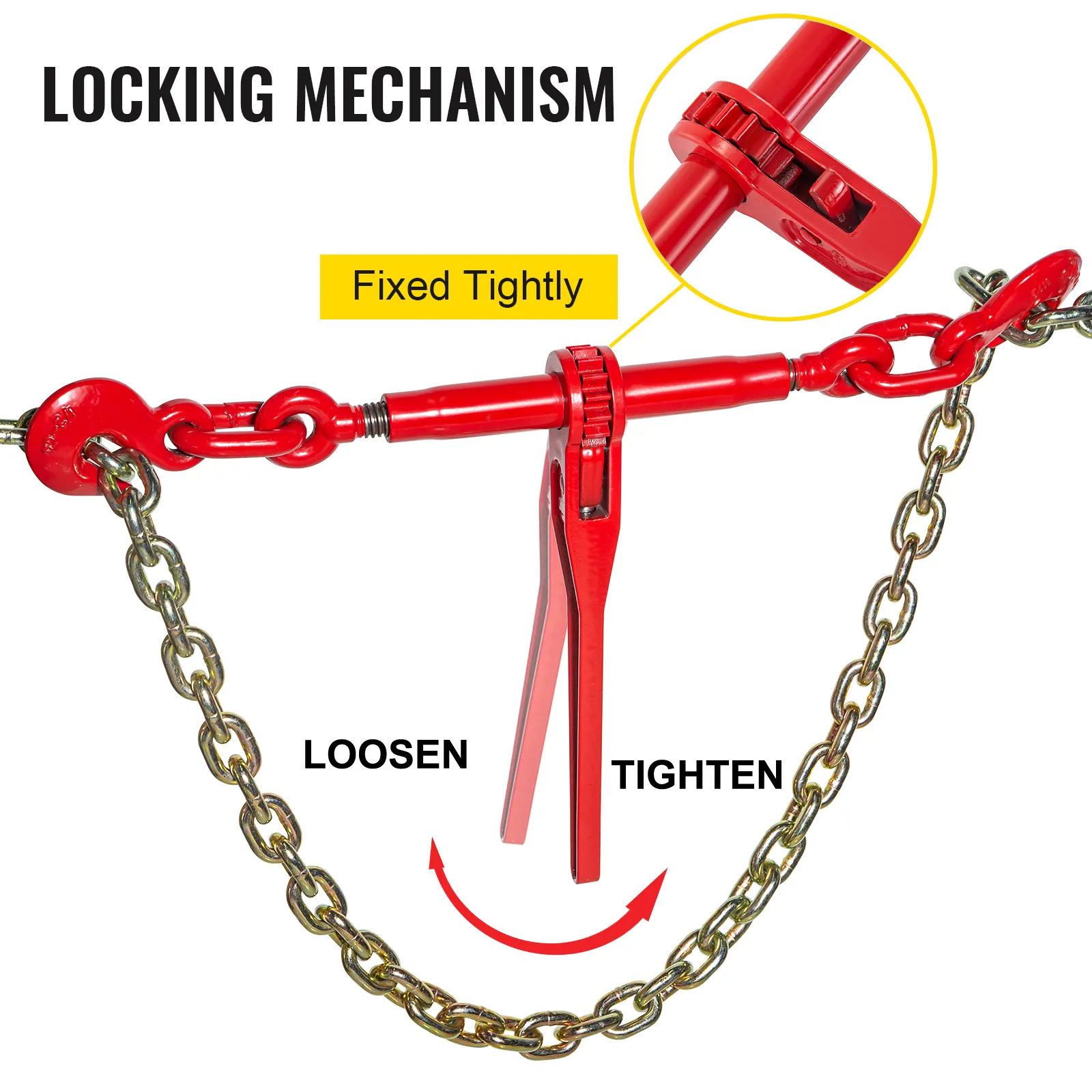 Tensor de cadena con trinquete VEVOR con mecanismo de bloqueo, fijado firmemente entre cadenas.