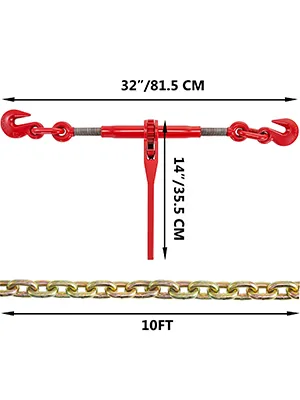 VEVOR ketting- en kettingbinderset, 32" kettingbinder, rood, 10ft ketting, afmetingen weergegeven.