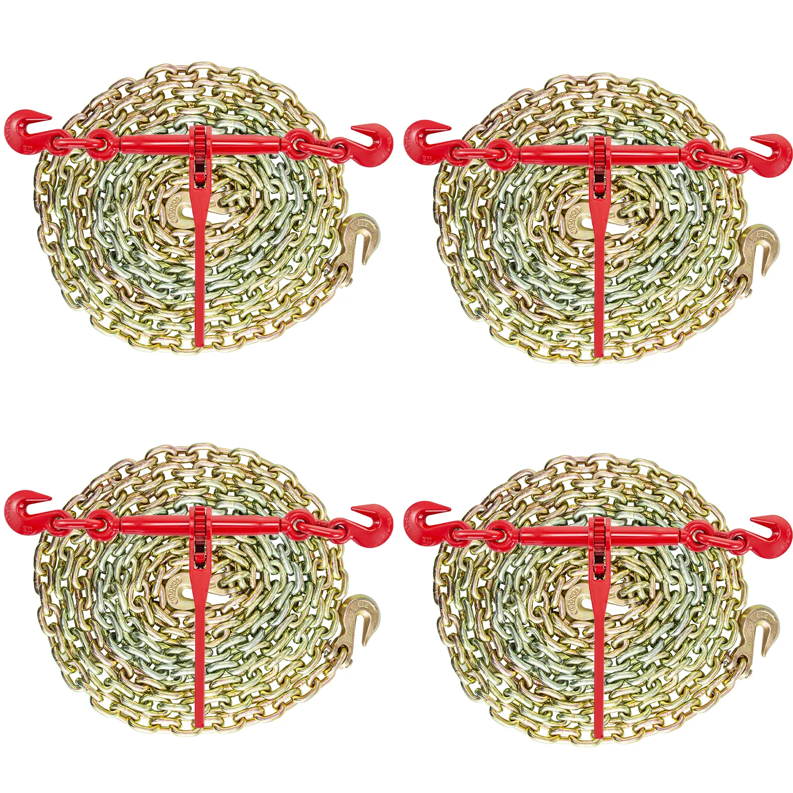 vier opgerolde gouden kettingen met rode binders, VEVOR-ketting en binderset.