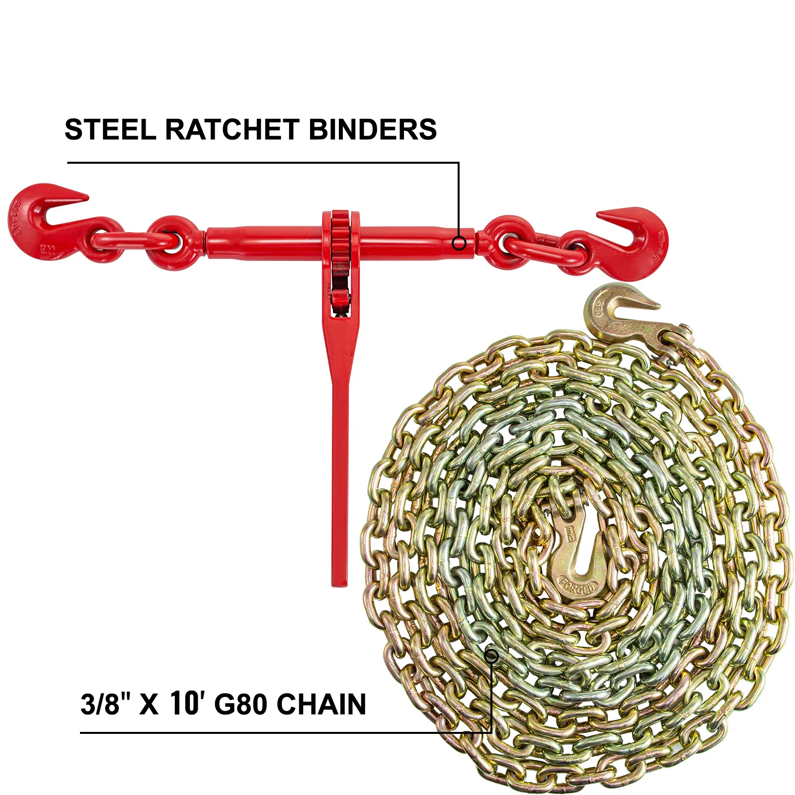 VEVOR ketting- en kettingbinderset met stalen ratelbinders en 10' g80 ketting.