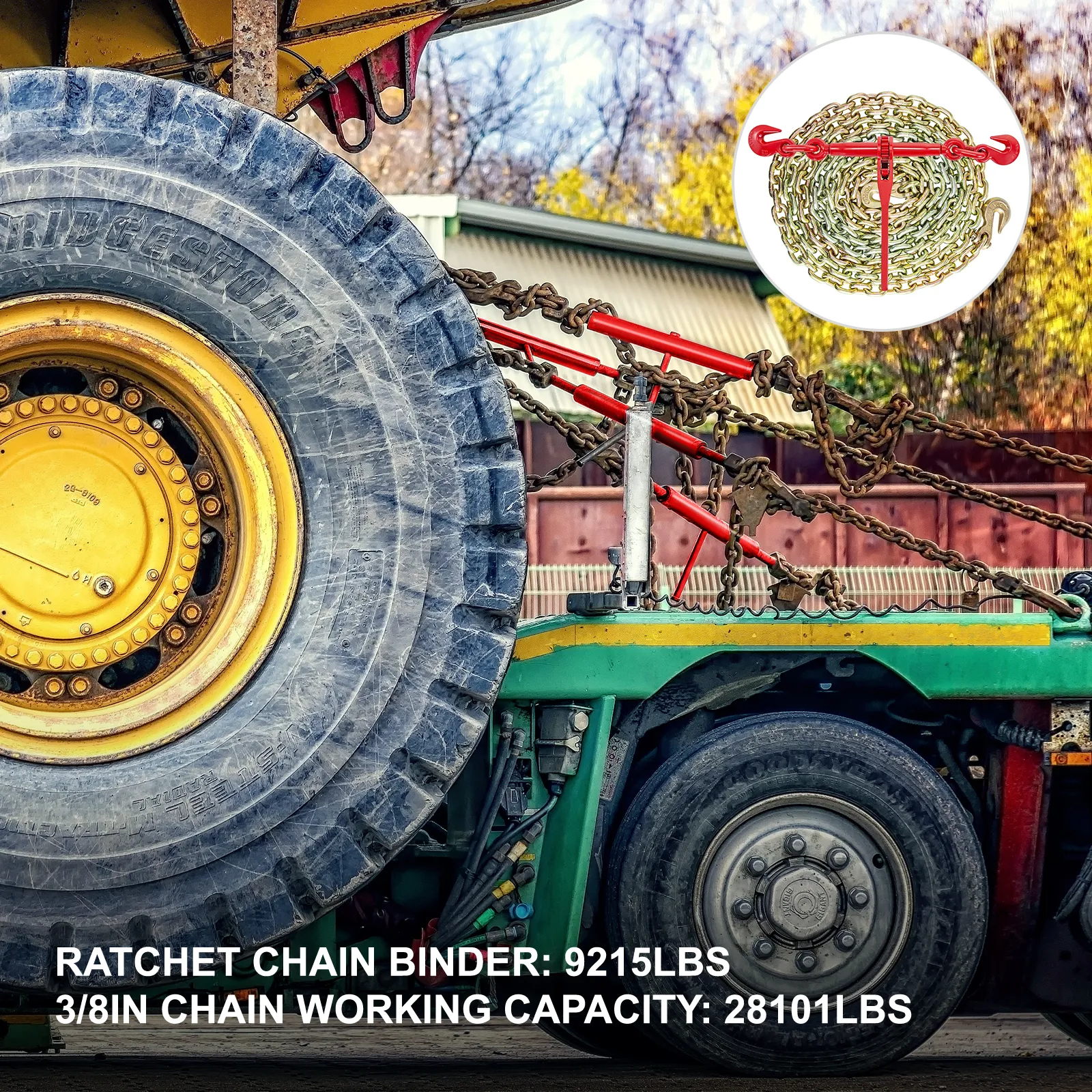 large truck tire secured with a VEVOR chain and binder kit, showcasing robust equipment.
