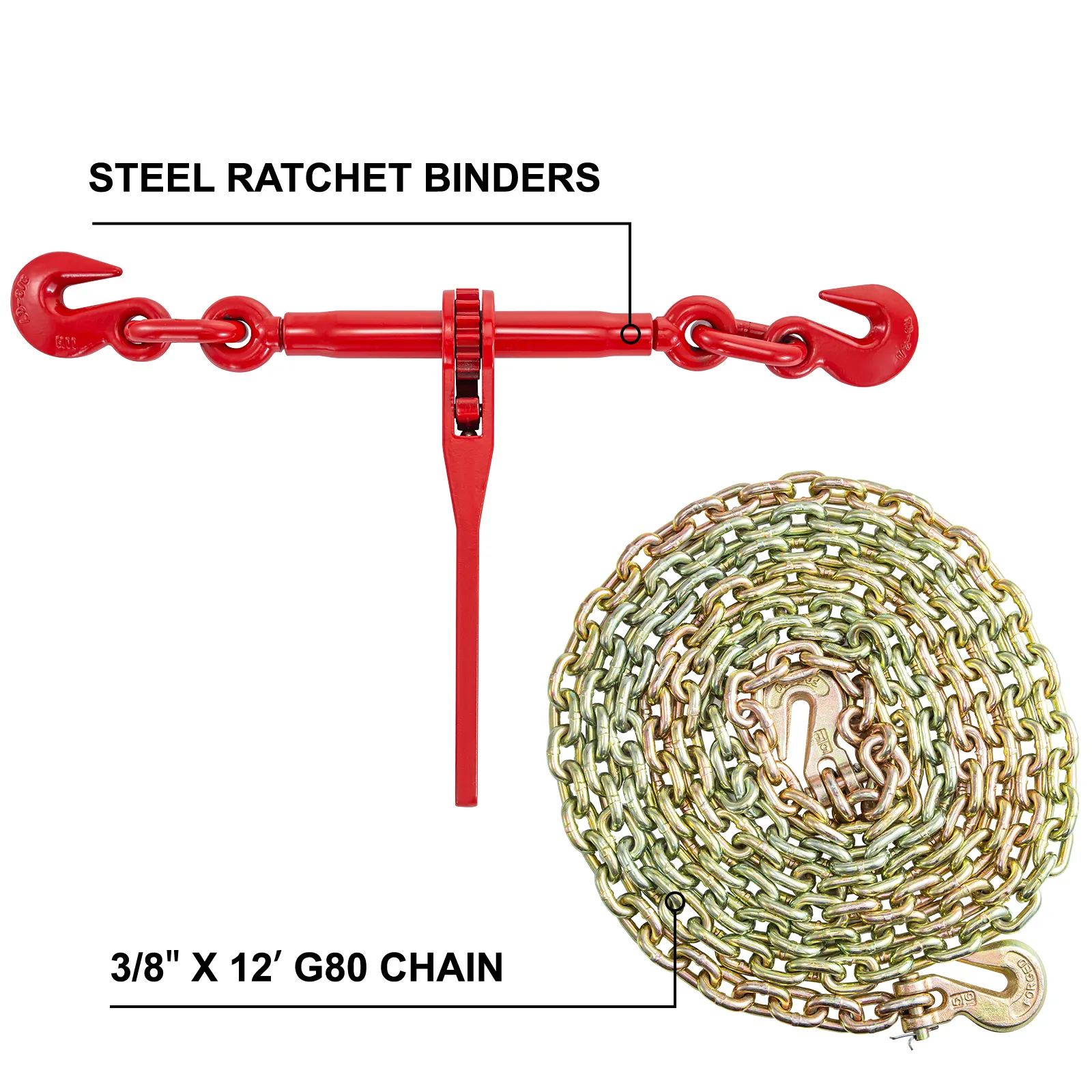 VEVOR chain and binder kit, with steel ratchet binders and 3/8" x 12' g80 chain.