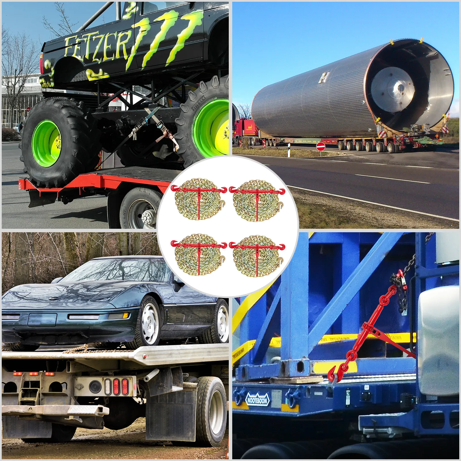 VEVOR chain and binder kit securing various heavy-duty loads on trucks and trailers.