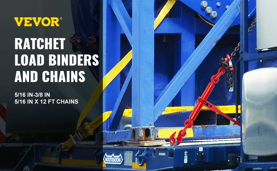 VEVOR chain and binder kit securing large blue machinery with yellow straps.