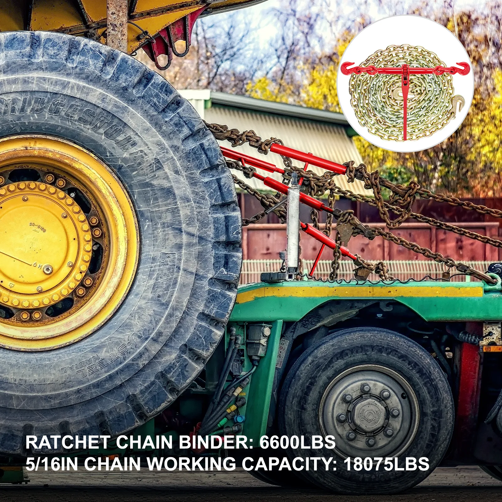 VEVOR chain and binder kit securing heavy-duty machinery on a green trailer.
