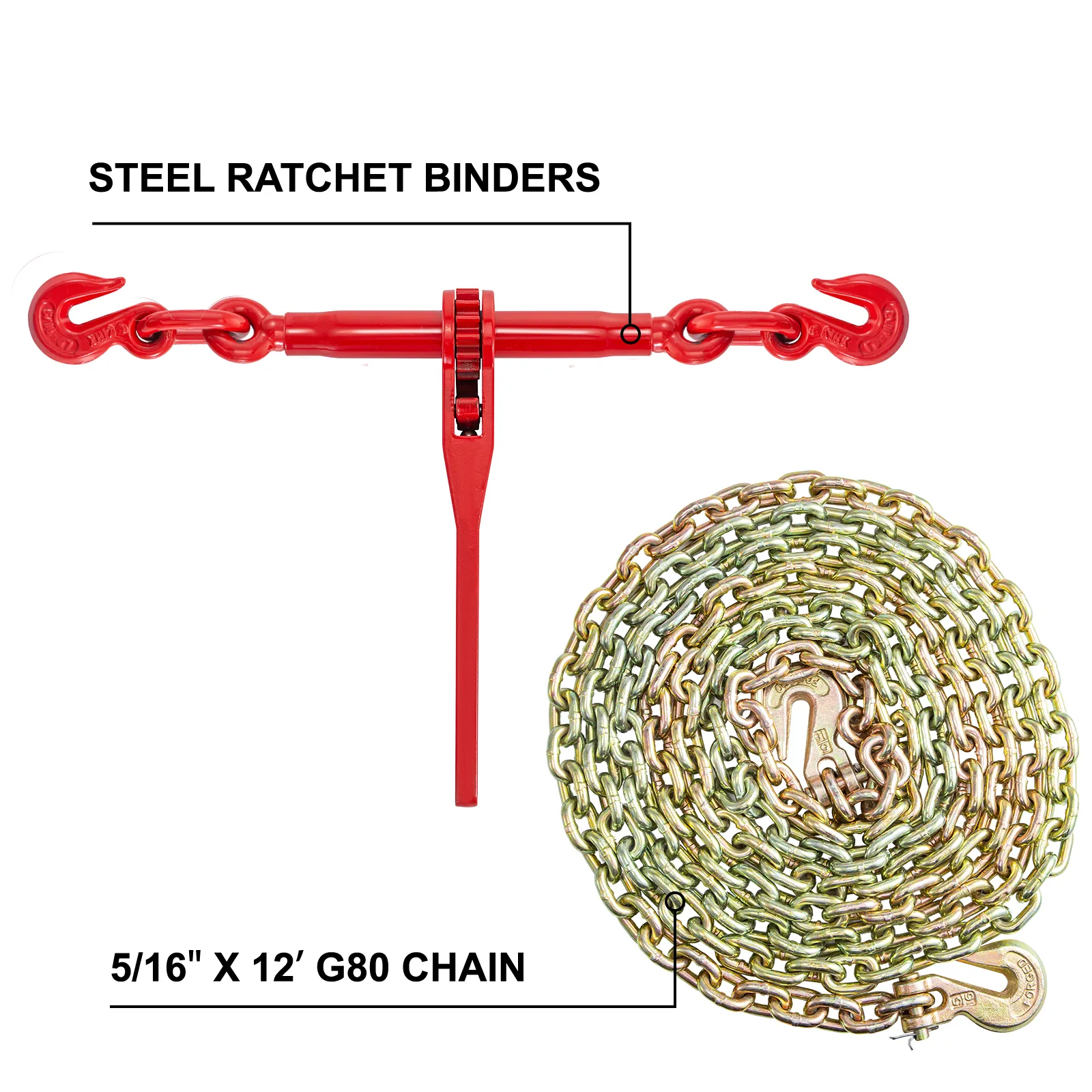 VEVOR chain and binder kit with steel ratchet binders and 5/16" x 12' g80 chain.