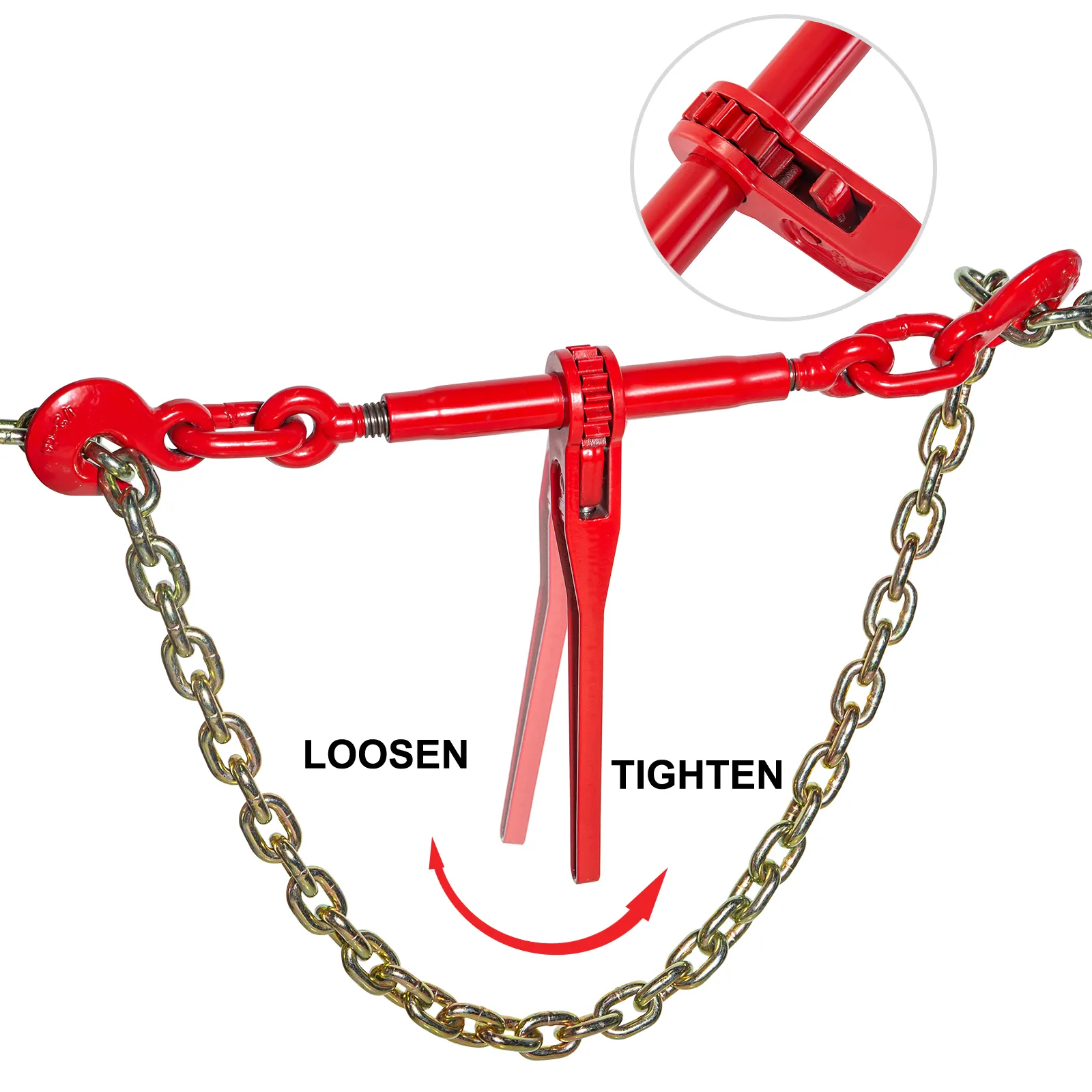 VEVOR chain and binder kit with red lever, chain links, and tighten-loosen labels.