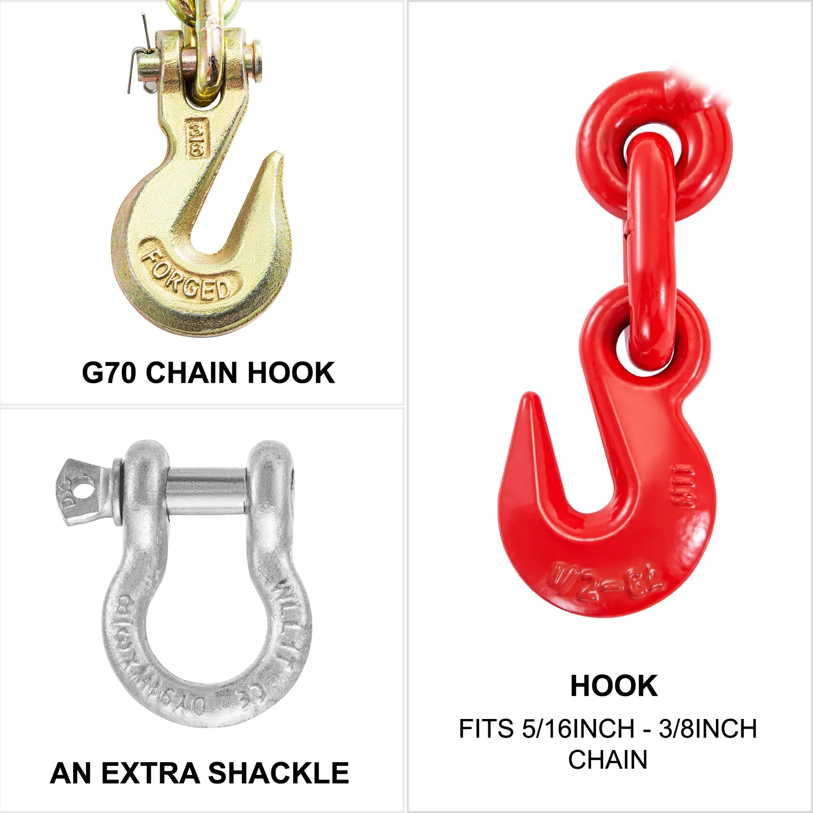 g70 chain hook, extra shackle, and red hook in VEVOR chain and binder kit.