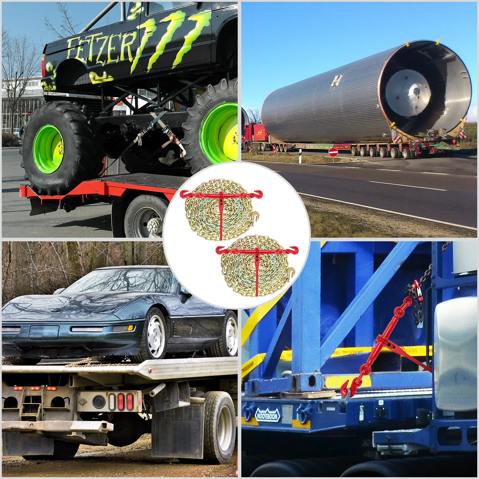 monster truck, heavy equipment, car, securement chain, and binder kit for transport.