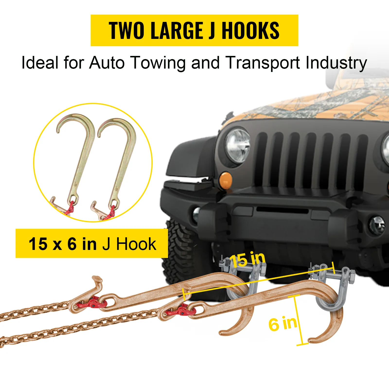 Cadena de brida VEVOR con dos ganchos en J grandes, ideal para remolque automático, 15 x 6 pulgadas.