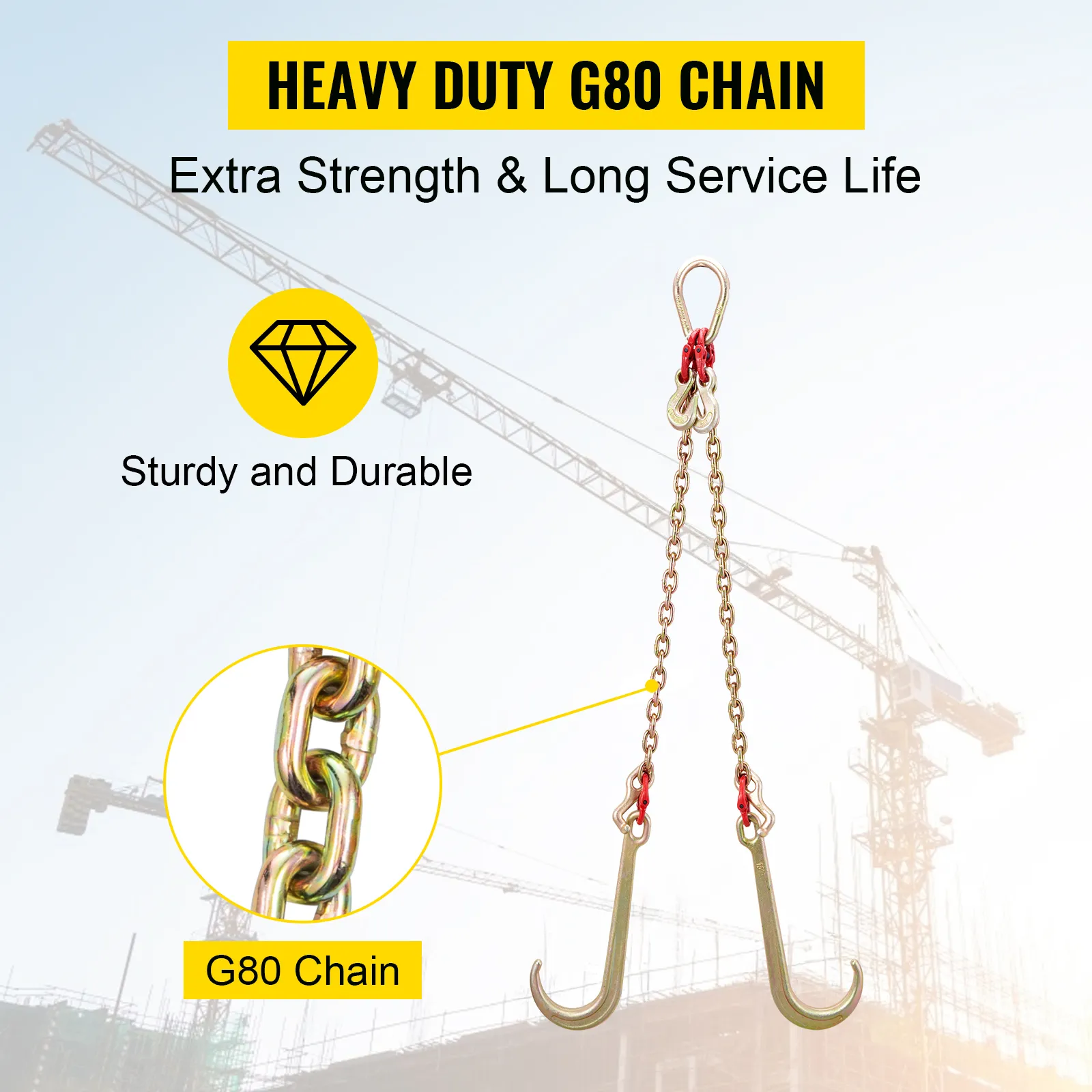 Cadena de brida VEVOR con cadena g80 de alta resistencia para mayor resistencia y durabilidad.