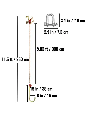 W zestawie łańcuszek VEVOR j hook z wymiarami i szeklą.