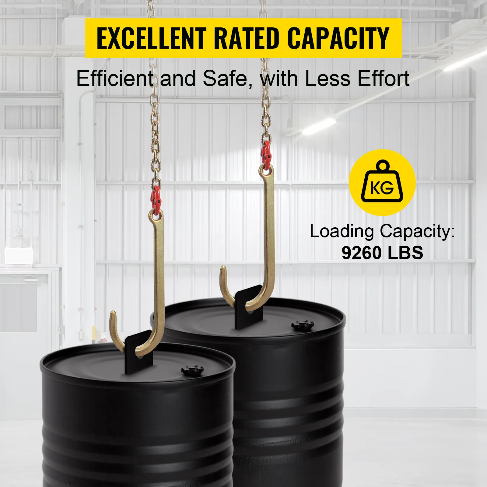 Łańcuch hakowy VEVOR J podnoszący dwie czarne beczki o ładowności 9260 funtów.